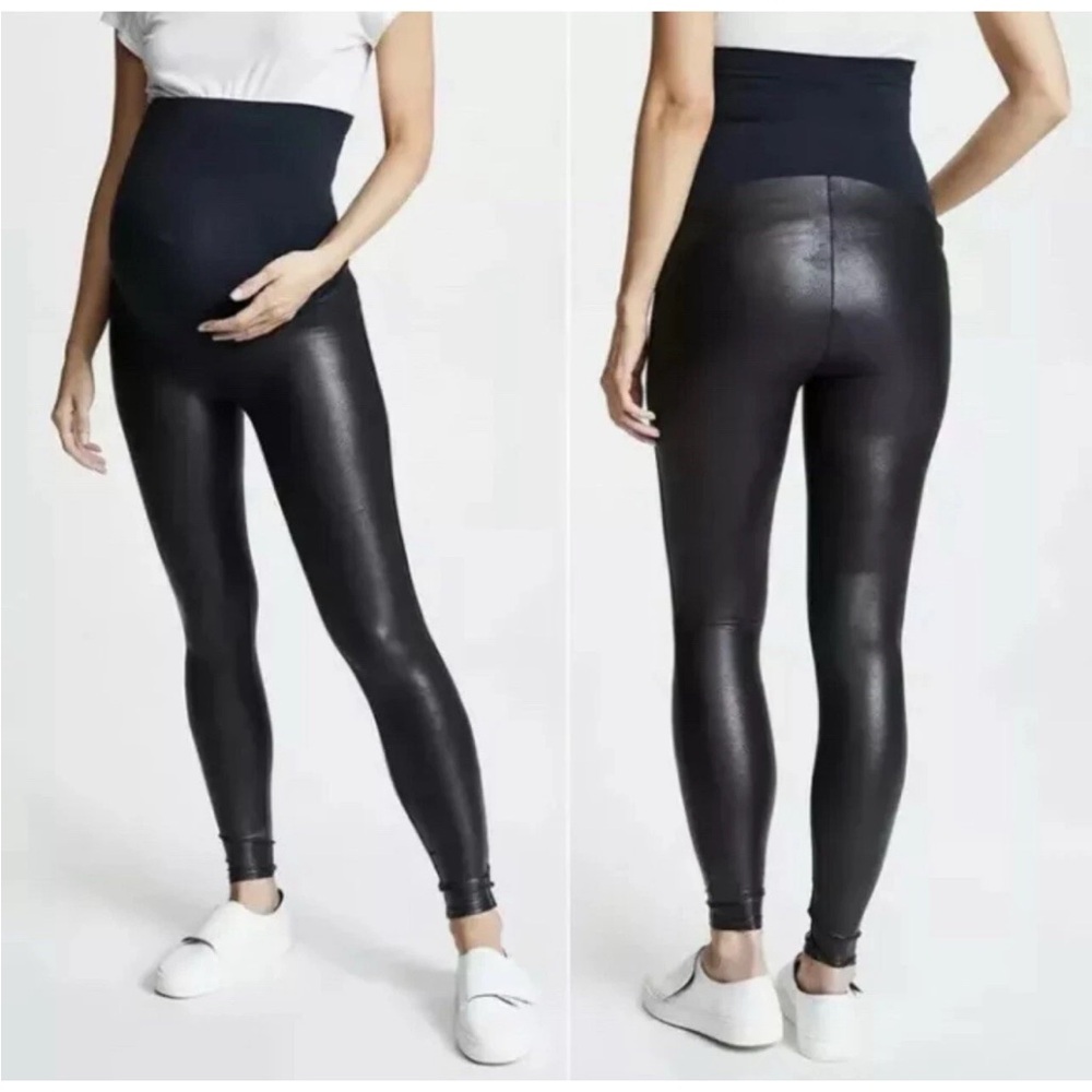 Spanx Mama Faux Leather Leggings Maternity Size S Over The Belly Supportive